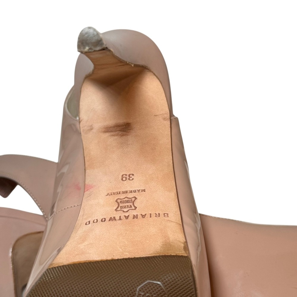 Brian Atwood Tan Patent Leather Sling Back Peep Toe Pumps Size‎ 39 - Picture 9 of 10
